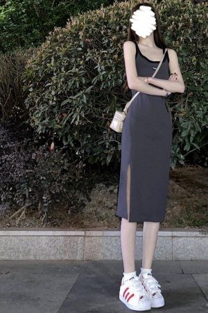 Gray Sleeveless Bodycon Dress with Side Slit - Mid-Length, Sweet and Spicy Vibe, Perfect for Summer Events, Y2K Style