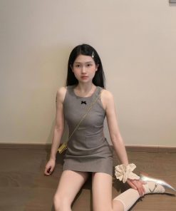 Gray Sleeveless Dress for Women - Waist-Cinching, Elegant Design, Short Skirt, Perfect for Petite Summer Style