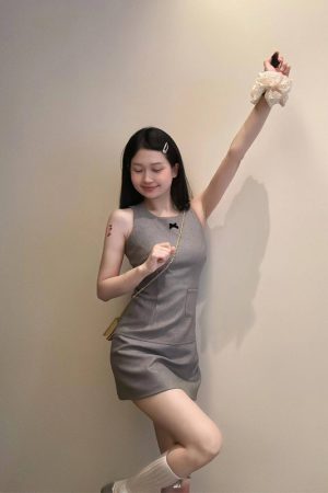 Gray Sleeveless Dress for Women - Waist-Cinching, Elegant Design, Short Skirt, Perfect for Petite Summer Style