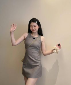 Gray Sleeveless Dress for Women - Waist-Cinching, Elegant Design, Short Skirt, Perfect for Petite Summer Style