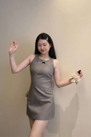 Gray Sleeveless Dress for Women - Waist-Cinching, Elegant Design, Short Skirt, Perfect for Petite Summer Style