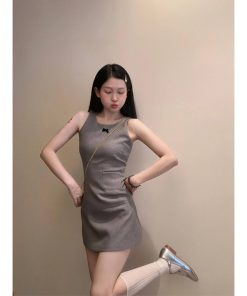 Gray Sleeveless Dress for Women - Waist-Cinching, Elegant Design, Short Skirt, Perfect for Petite Summer Style