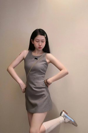 Gray Sleeveless Dress for Women - Waist-Cinching, Elegant Design, Short Skirt, Perfect for Petite Summer Style