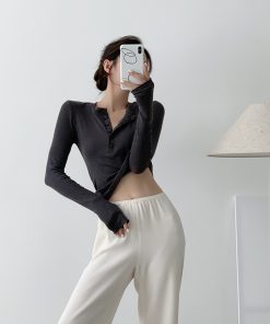 Gray Slim-Fitting Long Sleeve T-Shirt for Women, Spicy Girl Pure Desire Design, Autumn Layering Top, Trendy Base Shirt