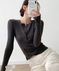 Gray Slim-Fitting Long Sleeve T-Shirt for Women, Spicy Girl Pure Desire Design, Autumn Layering Top, Trendy Base Shirt