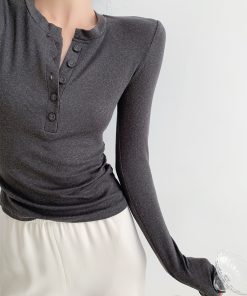 Gray Slim-Fitting Long Sleeve T-Shirt for Women, Spicy Girl Pure Desire Design, Autumn Layering Top, Trendy Base Shirt