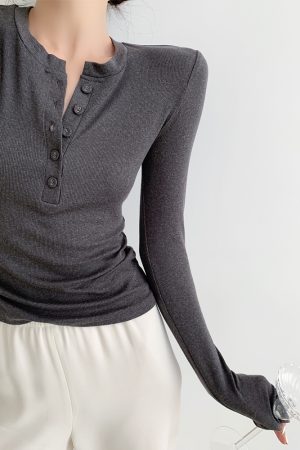 Gray Slim-Fitting Long Sleeve T-Shirt for Women, Spicy Girl Pure Desire Design, Autumn Layering Top, Trendy Base Shirt