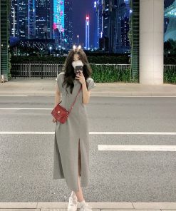 Gray Split T-Shirt Dress for Women, Stylish Summer Design, Waist-Cinching Slim Fit, Casual Short Sleeve Long Dress