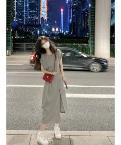 Gray Split T-Shirt Dress for Women, Stylish Summer Design, Waist-Cinching Slim Fit, Casual Short Sleeve Long Dress