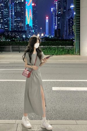 Gray Split T-Shirt Dress for Women, Stylish Summer Design, Waist-Cinching Slim Fit, Casual Short Sleeve Long Dress