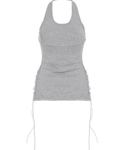 Gray Strap Neck Backless Waist-Cinching Tank Top - American Street Style, Simple Design, Trendy Casual Wear