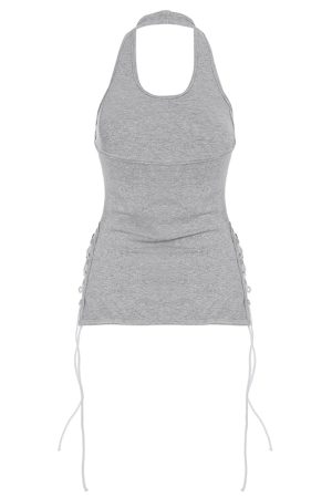 Gray Strap Neck Backless Waist-Cinching Tank Top - American Street Style, Simple Design, Trendy Casual Wear