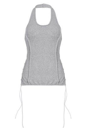 Gray Strap Neck Backless Waist-Cinching Tank Top - American Street Style, Simple Design, Trendy Casual Wear
