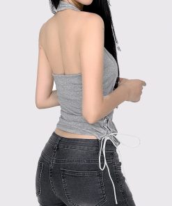 Gray Strap Neck Backless Waist-Cinching Tank Top - American Street Style, Simple Design, Trendy Casual Wear