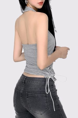 Gray Strap Neck Backless Waist-Cinching Tank Top - American Street Style, Simple Design, Trendy Casual Wear