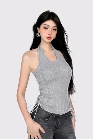 Gray Strap Neck Backless Waist-Cinching Tank Top - American Street Style, Simple Design, Trendy Casual Wear