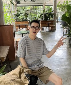 Gray Striped Round Neck Short Sleeve T-Shirt for Men - Summer Korean Style Loose Fit Top