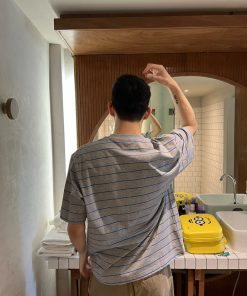 Gray Striped Round Neck Short Sleeve T-Shirt for Men - Summer Korean Style Loose Fit Top