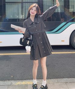 Gray Striped Shirt Dress for Women - Small Size, Slim Fit, Elegant Light Luxury Style for Spring and Autumn