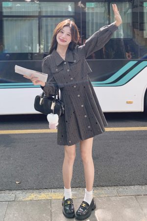 Gray Striped Shirt Dress for Women - Small Size, Slim Fit, Elegant Light Luxury Style for Spring and Autumn