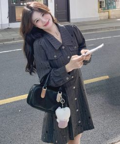 Gray Striped Shirt Dress for Women - Small Size, Slim Fit, Elegant Light Luxury Style for Spring and Autumn