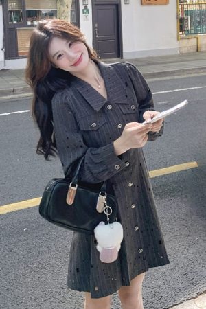 Gray Striped Shirt Dress for Women - Small Size, Slim Fit, Elegant Light Luxury Style for Spring and Autumn