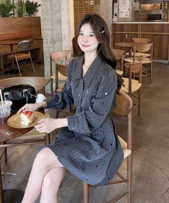 Gray Striped Shirt Dress for Women - Small Size, Slim Fit, Elegant Light Luxury Style for Spring and Autumn