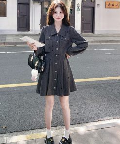 Gray Striped Shirt Dress for Women - Small Size, Slim Fit, Elegant Light Luxury Style for Spring and Autumn