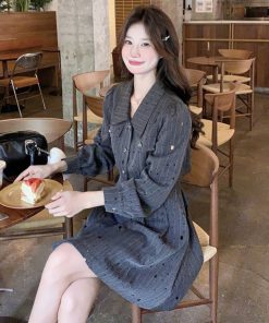 Gray Striped Shirt Dress for Women - Small Size, Slim Fit, Elegant Light Luxury Style for Spring and Autumn