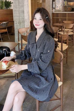 Gray Striped Shirt Dress for Women - Small Size, Slim Fit, Elegant Light Luxury Style for Spring and Autumn