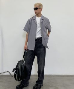 Gray Structural Line Dropped Shoulder Short Sleeve Shirt - Urban 90s Style, Contemporary Fashion, Casual Streetwear Top