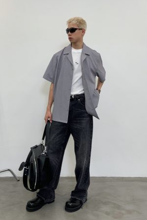 Gray Structural Line Dropped Shoulder Short Sleeve Shirt - Urban 90s Style, Contemporary Fashion, Casual Streetwear Top