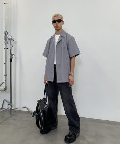 Gray Structural Line Dropped Shoulder Short Sleeve Shirt - Urban 90s Style, Contemporary Fashion, Casual Streetwear Top