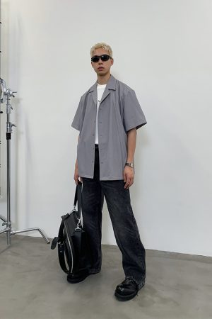 Gray Structural Line Dropped Shoulder Short Sleeve Shirt - Urban 90s Style, Contemporary Fashion, Casual Streetwear Top