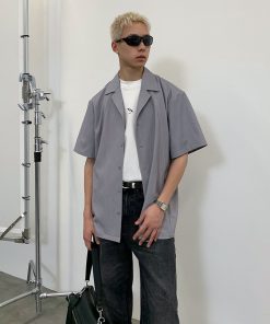 Gray Structural Line Dropped Shoulder Short Sleeve Shirt - Urban 90s Style, Contemporary Fashion, Casual Streetwear Top