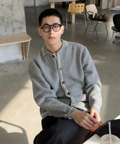 Gray Textured Cardigan Sweater for Men - Korean Style Casual Loose Fit Jacket for Autumn and Winter Fashion