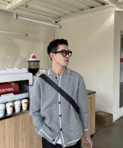Gray Textured Cardigan Sweater for Men - Korean Style Casual Loose Fit Jacket for Autumn and Winter Fashion