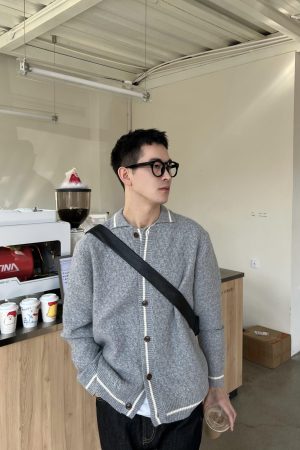 Gray Textured Cardigan Sweater for Men - Korean Style Casual Loose Fit Jacket for Autumn and Winter Fashion