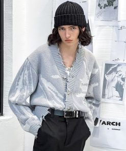 Gray Textured Jacquard Knit Cardigan for Women - Conceptual Design, Cozy Layering Essential, Chic Korean Style Outerwear