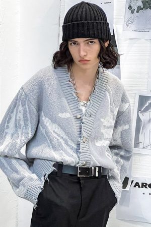 Gray Textured Jacquard Knit Cardigan for Women - Conceptual Design, Cozy Layering Essential, Chic Korean Style Outerwear