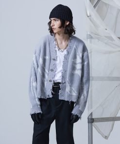 Gray Textured Jacquard Knit Cardigan for Women - Conceptual Design, Cozy Layering Essential, Chic Korean Style Outerwear