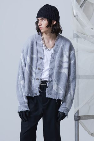 Gray Textured Jacquard Knit Cardigan for Women - Conceptual Design, Cozy Layering Essential, Chic Korean Style Outerwear