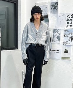 Gray Textured Jacquard Knit Cardigan for Women - Conceptual Design, Cozy Layering Essential, Chic Korean Style Outerwear