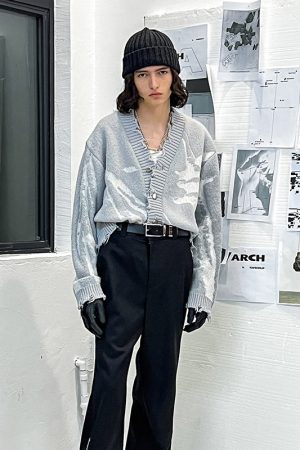 Gray Textured Jacquard Knit Cardigan for Women - Conceptual Design, Cozy Layering Essential, Chic Korean Style Outerwear