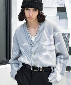 Gray Textured Jacquard Knit Cardigan for Women - Conceptual Design, Cozy Layering Essential, Chic Korean Style Outerwear
