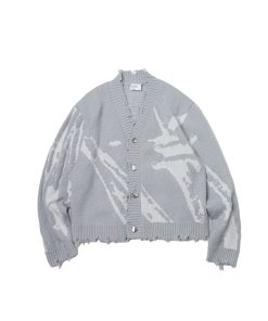 Gray Textured Jacquard Knit Cardigan for Women - Conceptual Design, Cozy Layering Essential, Chic Korean Style Outerwear