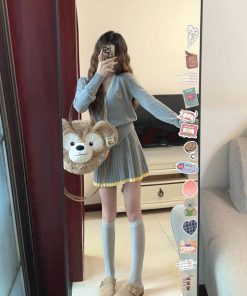 Gray V-Neck Knitted Cardigan and Pleated Skirt Set for Women, Long Sleeve Dress, Stylish Autumn Winter Outfit