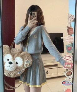 Gray V-Neck Knitted Cardigan and Pleated Skirt Set for Women, Long Sleeve Dress, Stylish Autumn Winter Outfit