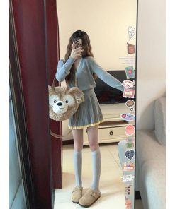 Gray V-Neck Knitted Cardigan and Pleated Skirt Set for Women, Long Sleeve Dress, Stylish Autumn Winter Outfit