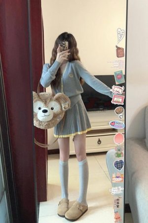 Gray V-Neck Knitted Cardigan and Pleated Skirt Set for Women, Long Sleeve Dress, Stylish Autumn Winter Outfit